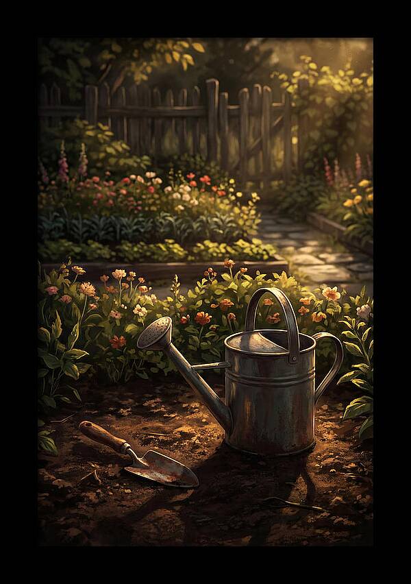 Watering Can And Trowel In Garden