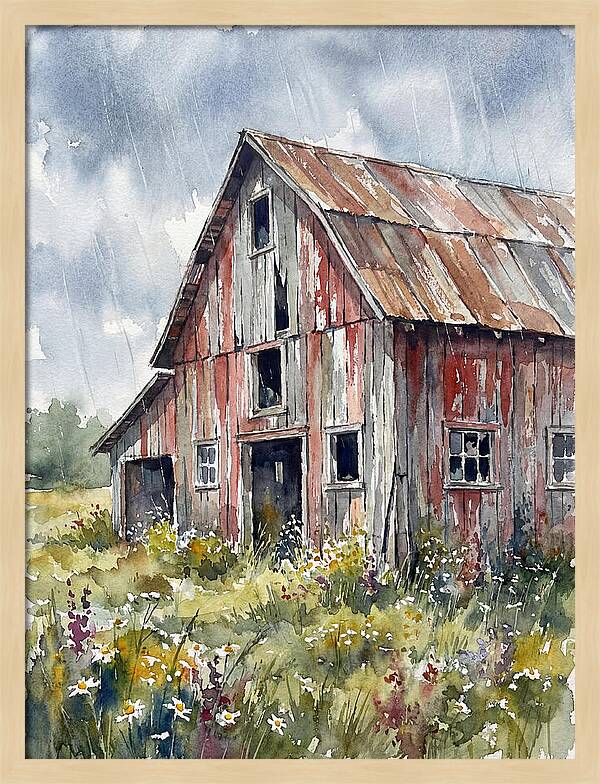 Weathered Barn Under Rain