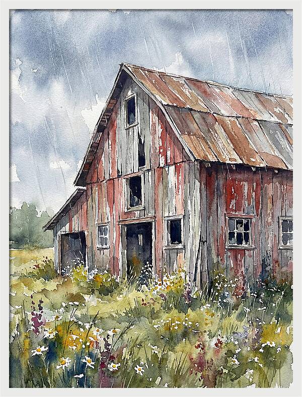 Weathered Barn Under Rain