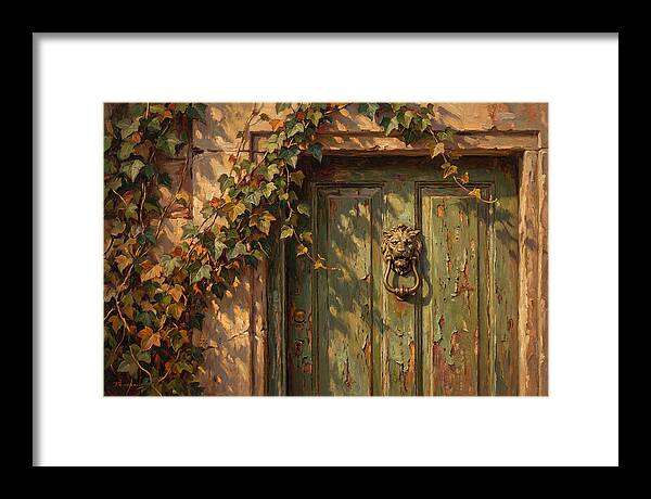 Weathered Green Door With Brass Knocker