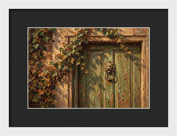 Weathered Green Door With Brass Knocker