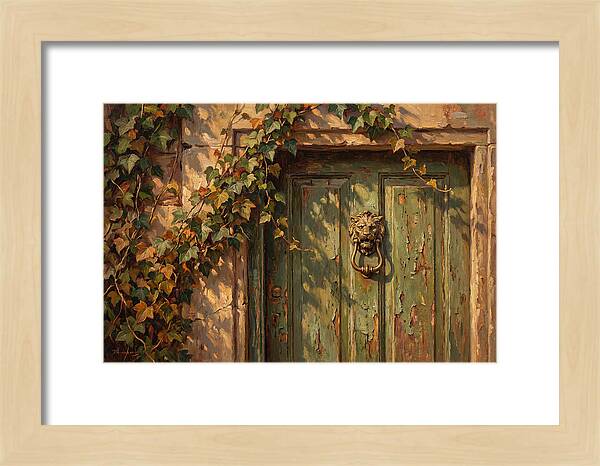 Weathered Green Door With Brass Knocker