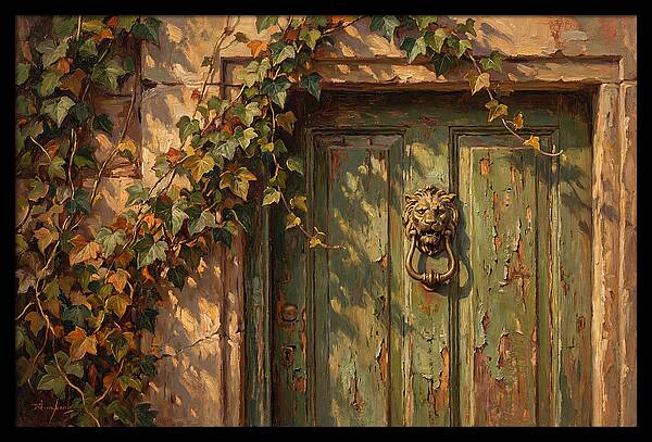 Weathered Green Door With Brass Knocker