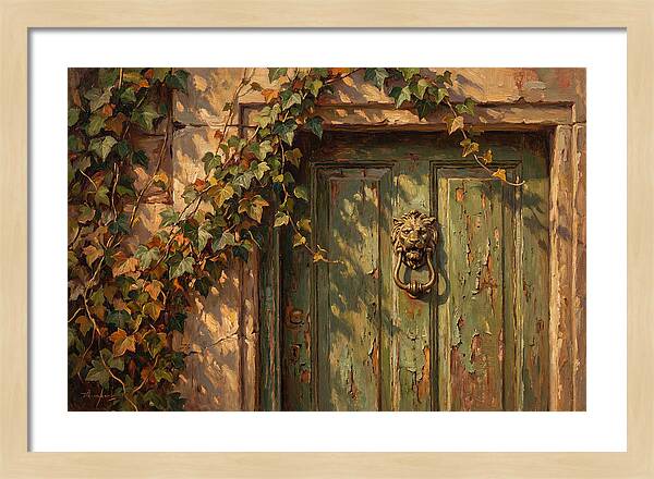 Weathered Green Door With Brass Knocker