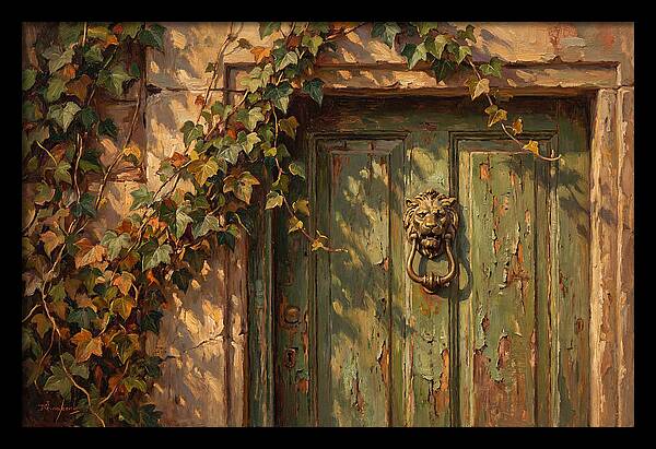 Weathered Green Door With Brass Knocker