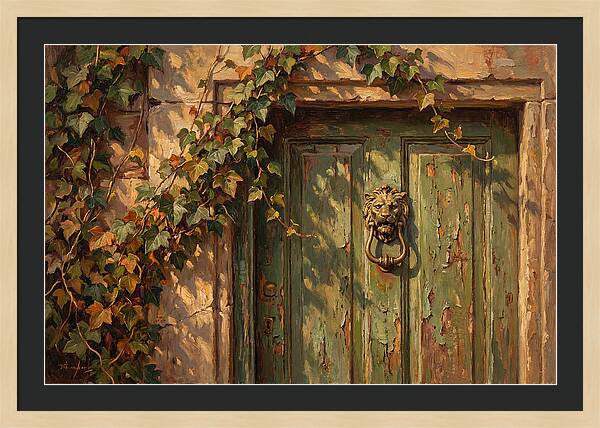 Weathered Green Door With Brass Knocker