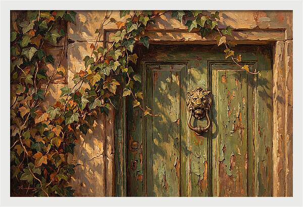 Weathered Green Door With Brass Knocker