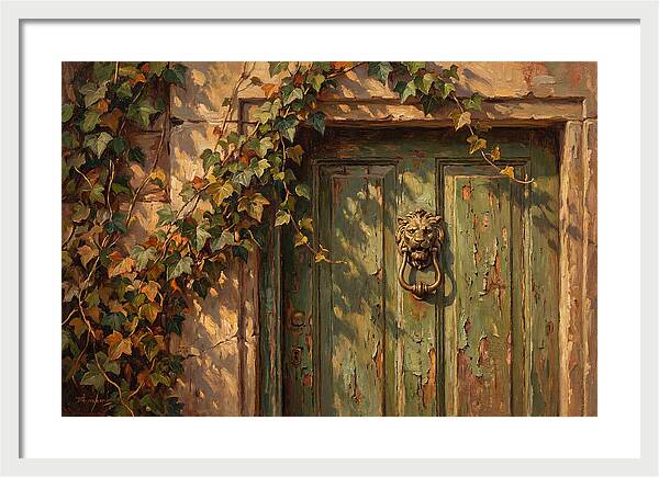 Weathered Green Door With Brass Knocker