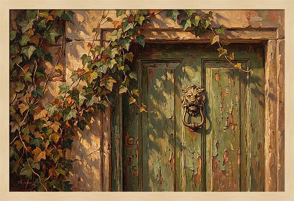 Weathered Green Door With Brass Knocker