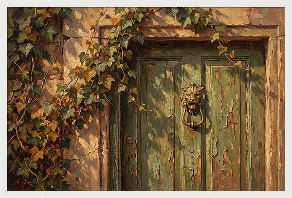 Weathered Green Door With Brass Knocker