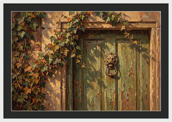 Weathered Green Door With Brass Knocker