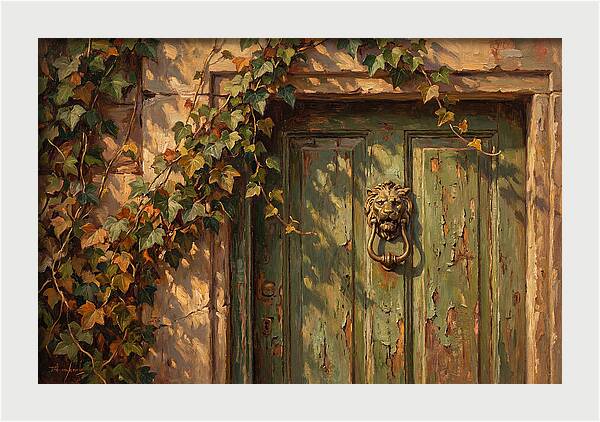 Weathered Green Door With Brass Knocker