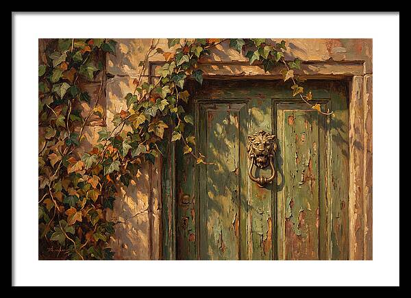 Weathered Green Door With Brass Knocker