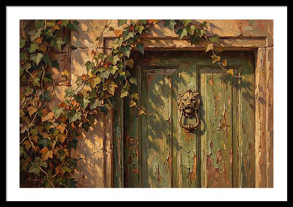 Weathered Green Door With Brass Knocker