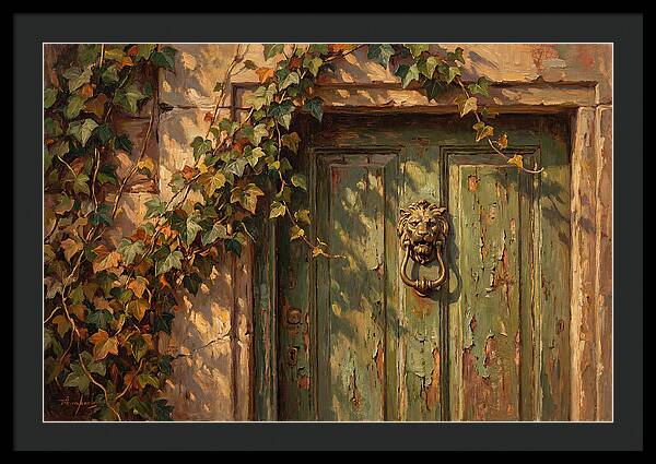Weathered Green Door With Brass Knocker