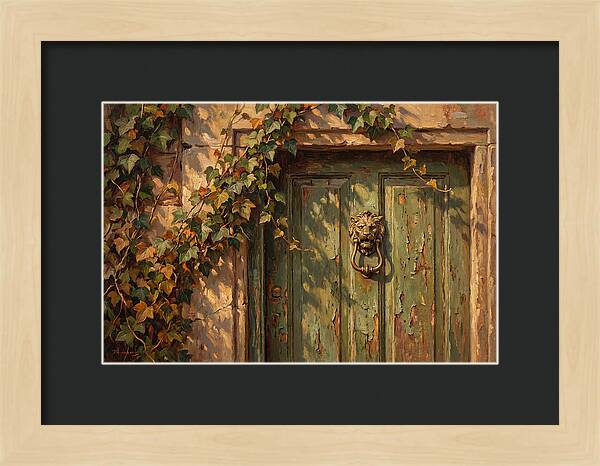 Weathered Green Door With Brass Knocker