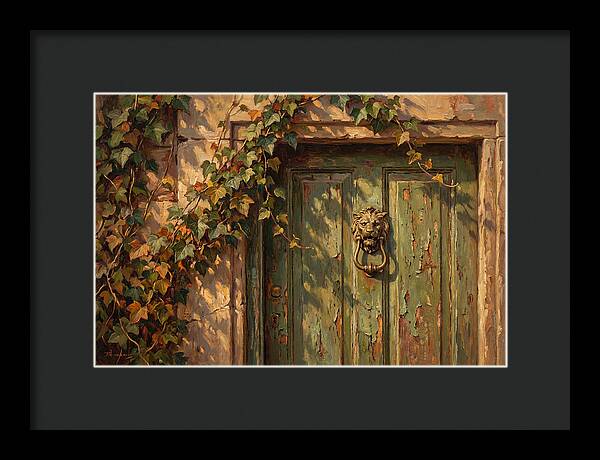Weathered Green Door With Brass Knocker