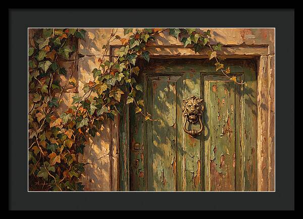 Weathered Green Door With Brass Knocker