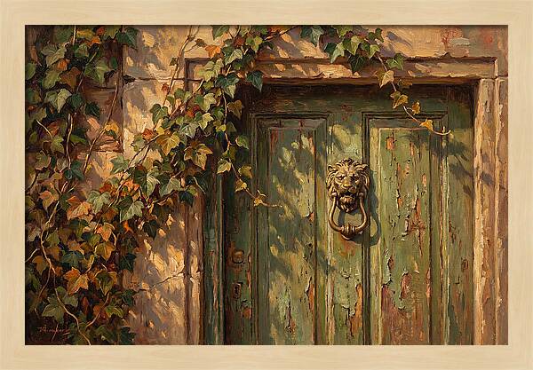 Weathered Green Door With Brass Knocker