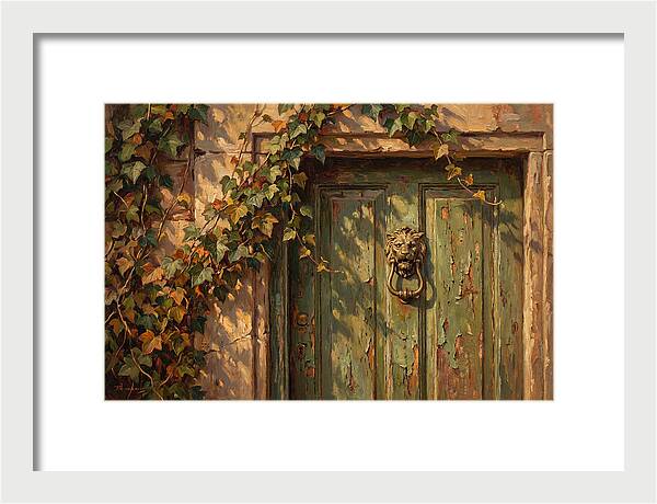 Weathered Green Door With Brass Knocker