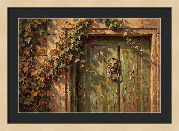 Weathered Green Door With Brass Knocker