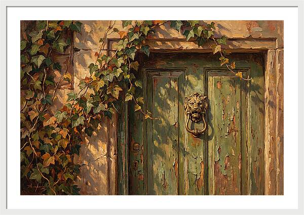Weathered Green Door With Brass Knocker