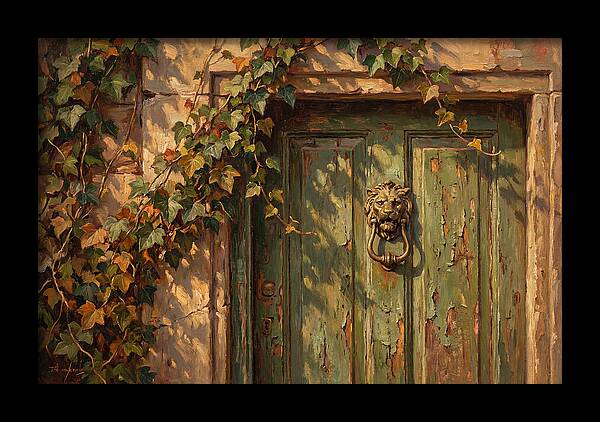 Weathered Green Door With Brass Knocker