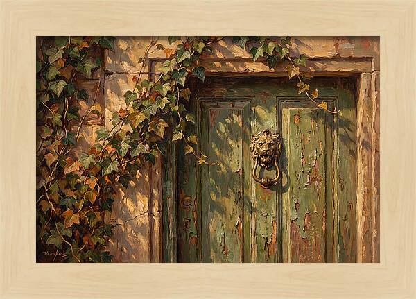 Weathered Green Door With Brass Knocker