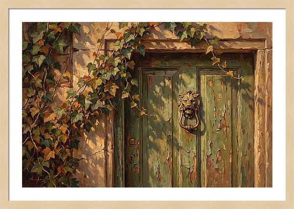 Weathered Green Door With Brass Knocker