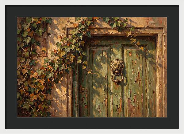 Weathered Green Door With Brass Knocker