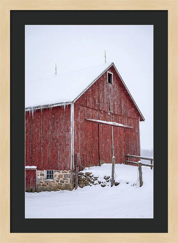 Weathered Red Barn In Snow