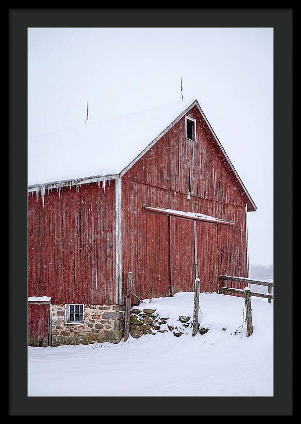Weathered Red Barn In Snow