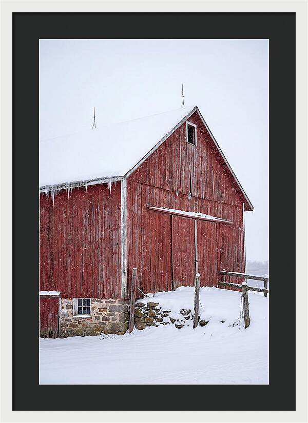 Weathered Red Barn In Snow
