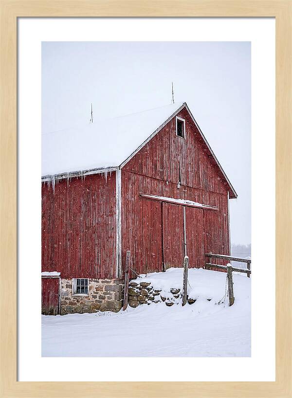 Weathered Red Barn In Snow