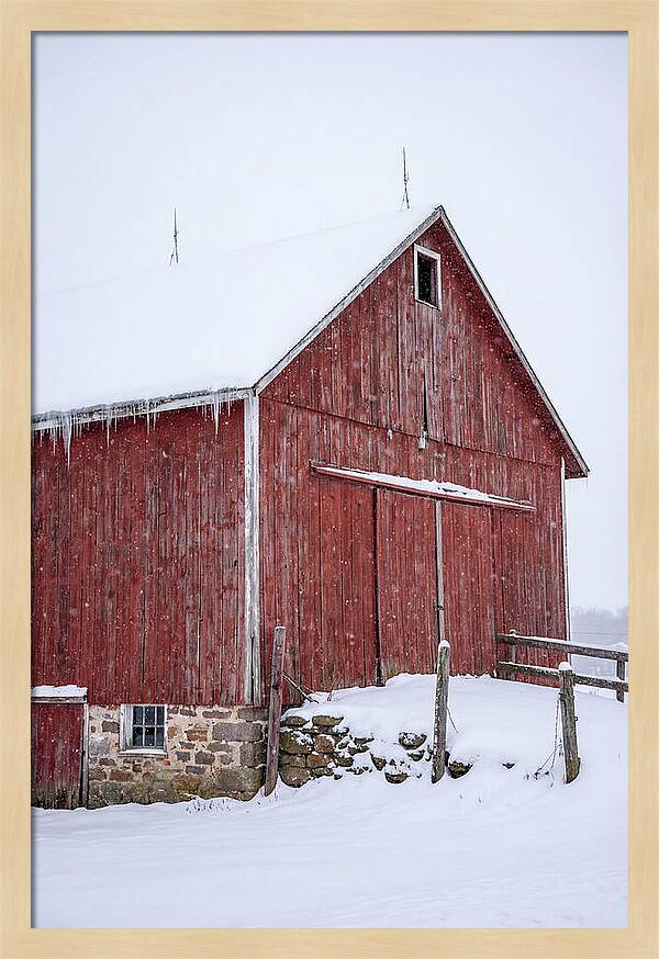 Weathered Red Barn In Snow