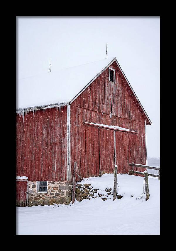Weathered Red Barn In Snow