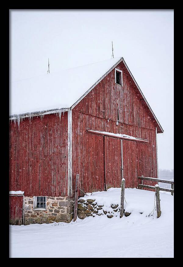 Weathered Red Barn In Snow