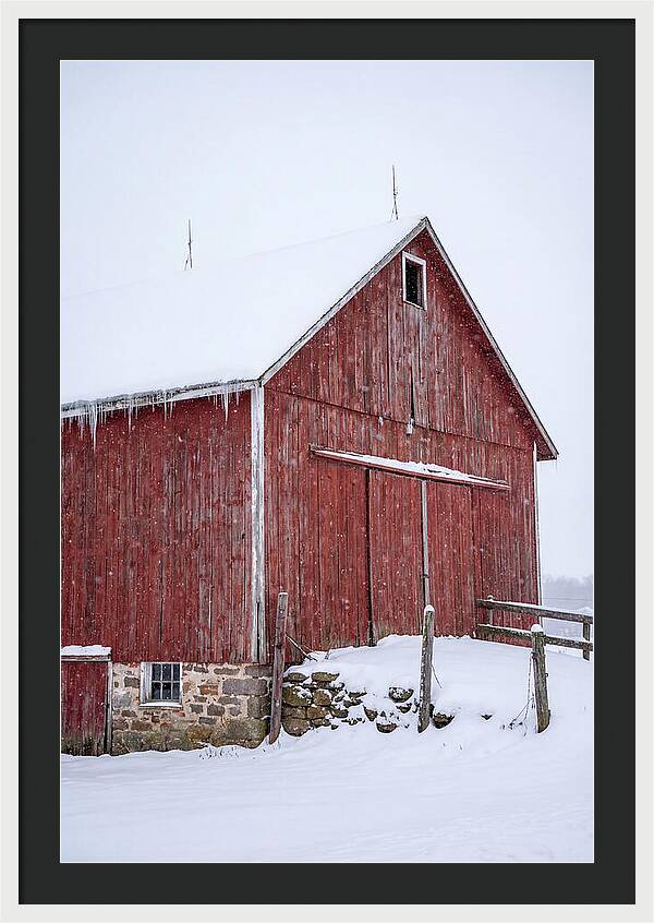 Weathered Red Barn In Snow