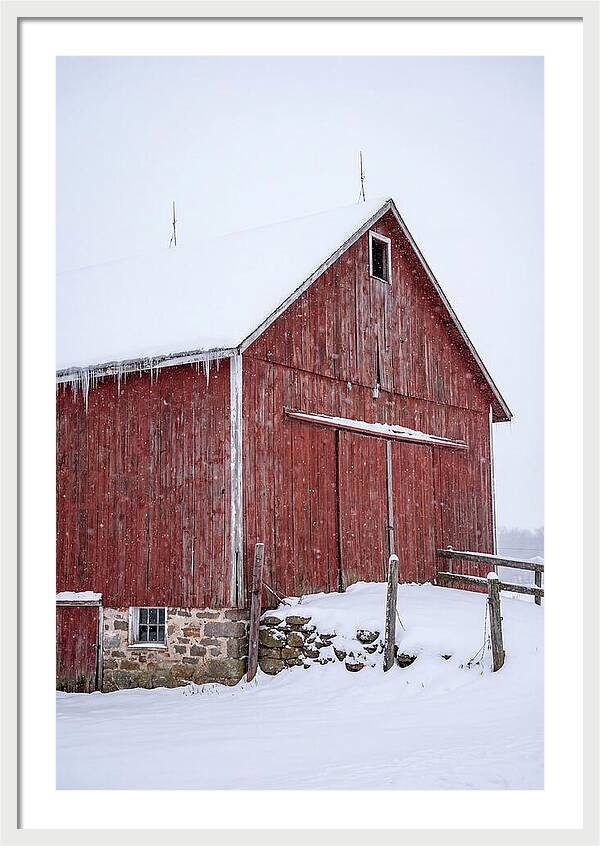 Weathered Red Barn In Snow