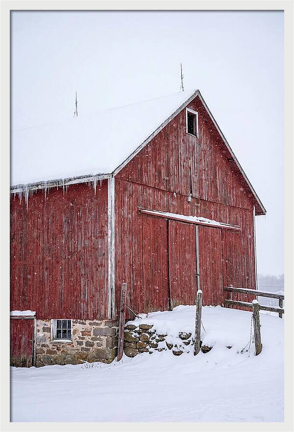 Weathered Red Barn In Snow