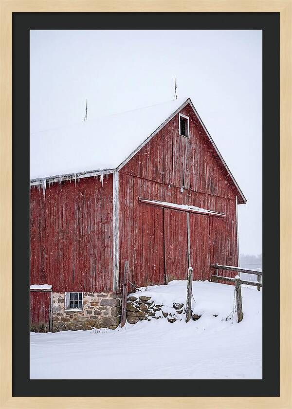 Weathered Red Barn In Snow