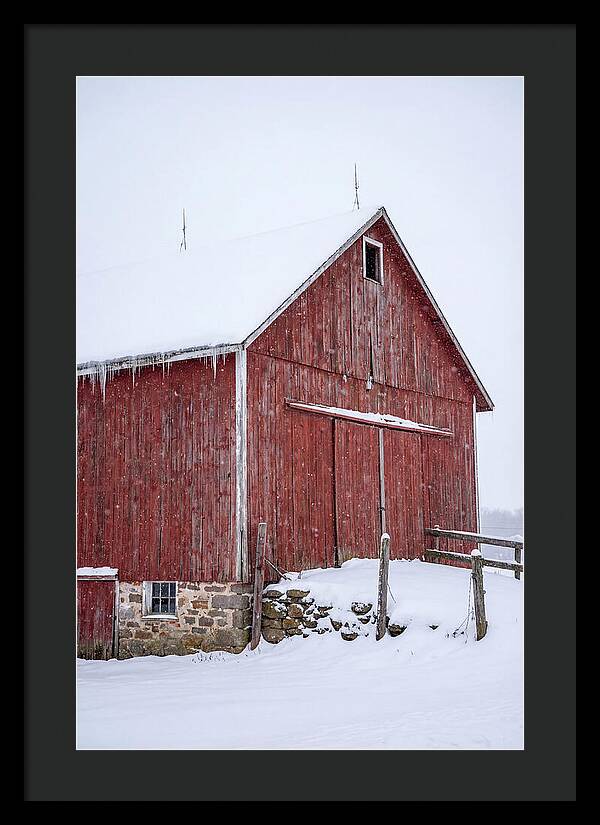 Weathered Red Barn In Snow
