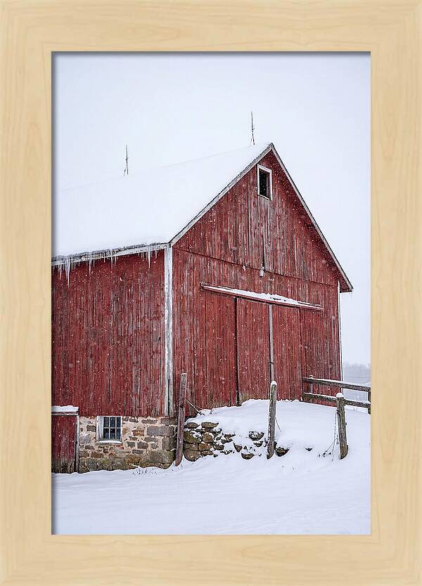 Weathered Red Barn In Snow