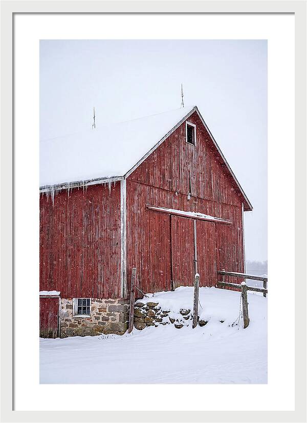 Weathered Red Barn In Snow