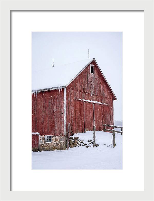 Weathered Red Barn In Snow