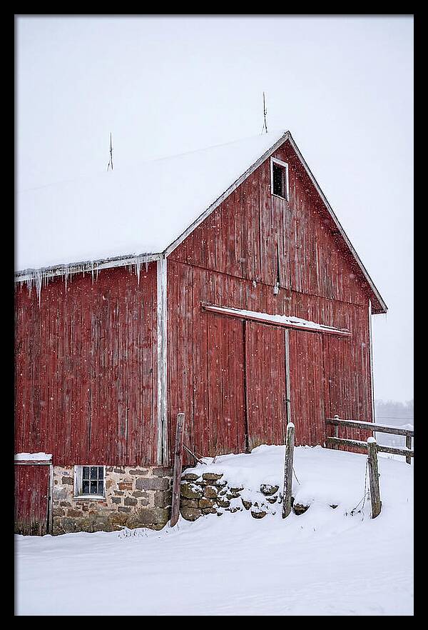 Weathered Red Barn In Snow