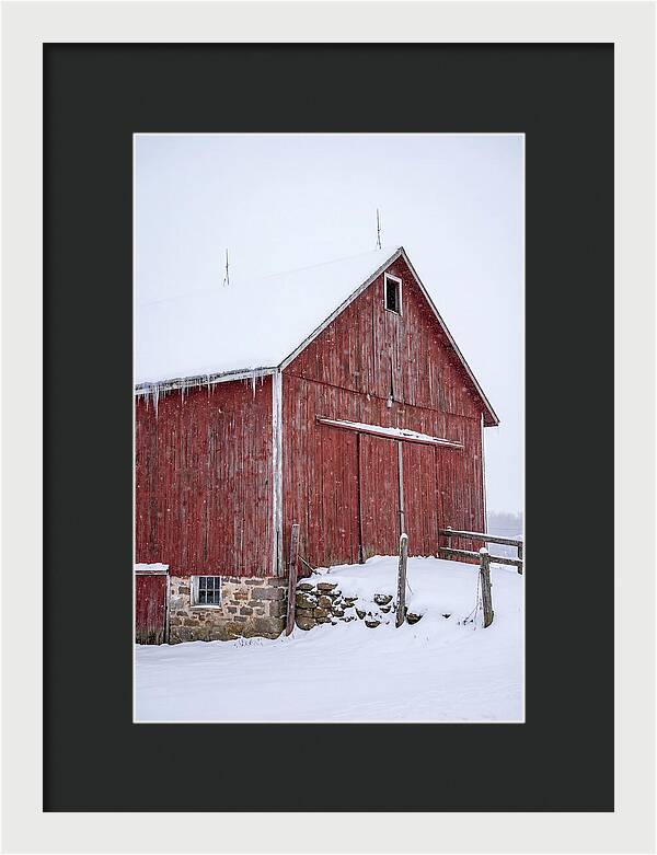 Weathered Red Barn In Snow