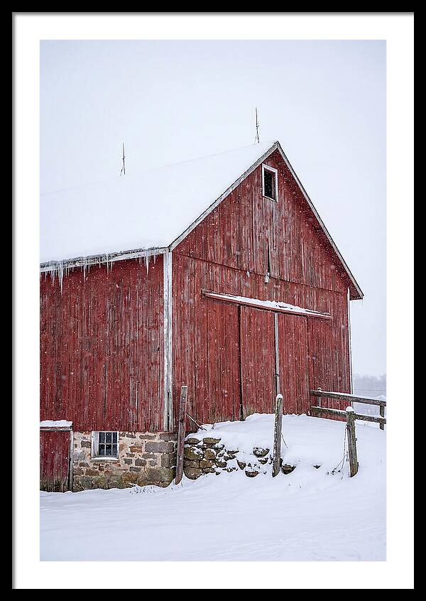 Weathered Red Barn In Snow