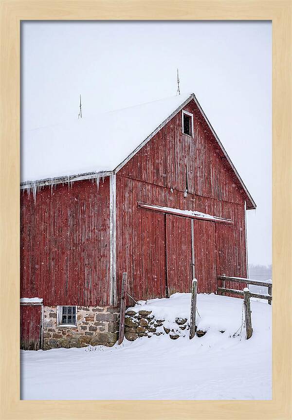 Weathered Red Barn In Snow