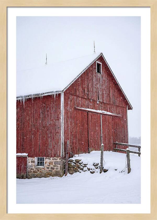 Weathered Red Barn In Snow